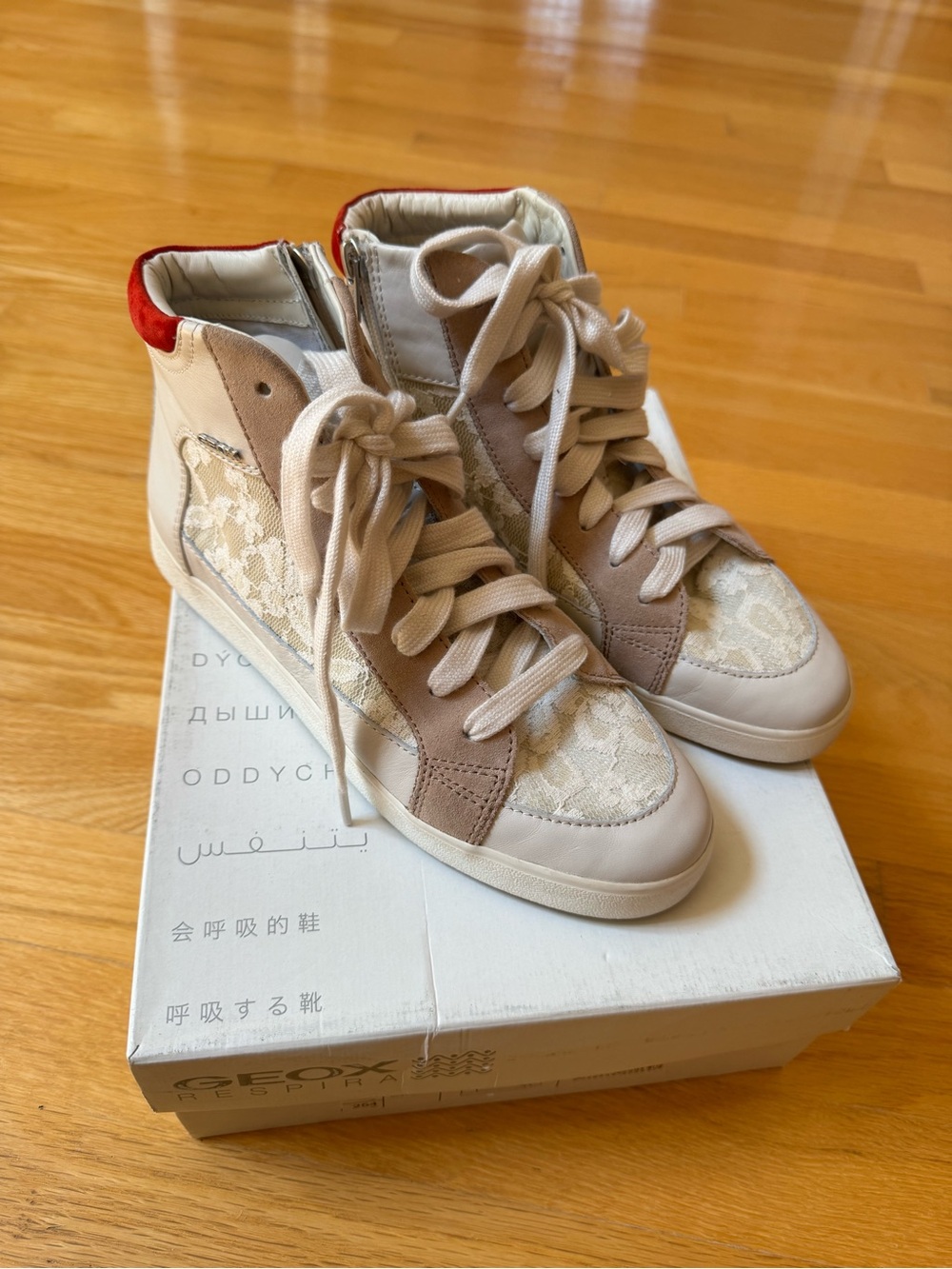 Geox Women's Lace-Up High-Top Boots in Beige with Red Accent